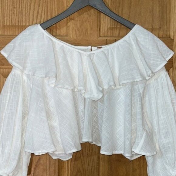 Free People Zuri White Balloon Sleeve Cropped Open Back Ruffle Blouse - Picture 6 of 13